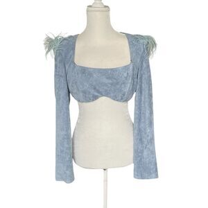 HANIFA Blue Faux Suede Cropped Top with Feathers Size Medium